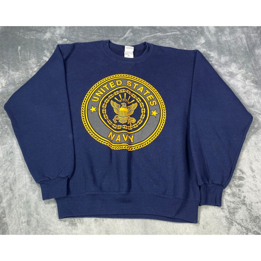 VTG 80s Soffe Mens USA US Navy Sweatshirt Pullover Crewneck Medium Blue Graphic